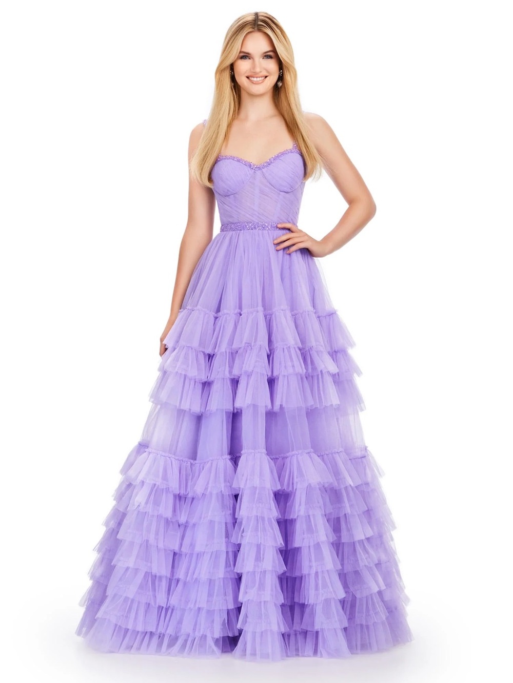 Lilac Ruffled Tiered Tulle Prom Gown